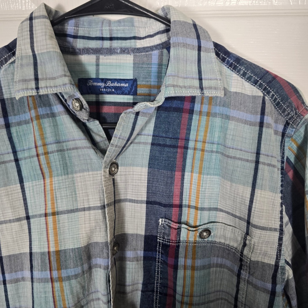 Tommy Bahama Tortola Men's Small Blue Plaid Cotton Long Sleeve Button Down Shirt